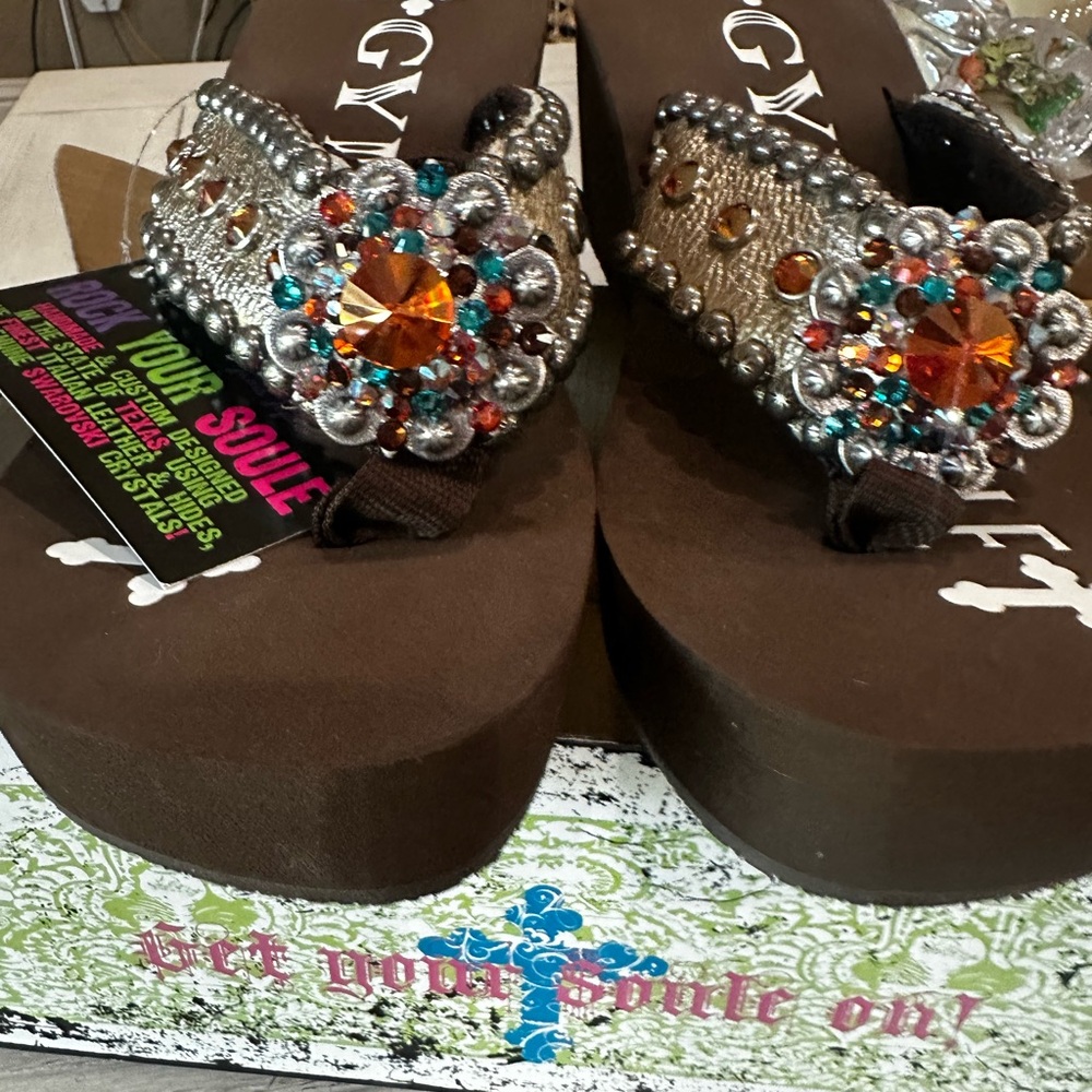 Embellished Wedge Thong Sandals - Brown/Gold - Picture 3 of 7